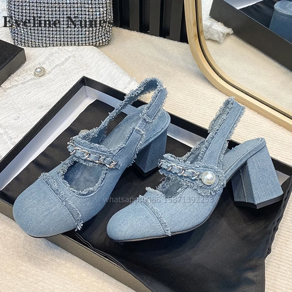 

Denim Pearl Fringe Chain Sandals Blue Side Air Elegant Shoes 2024 Round Toe Square Heel Shallow Back Strap Patchwork Women Pumps