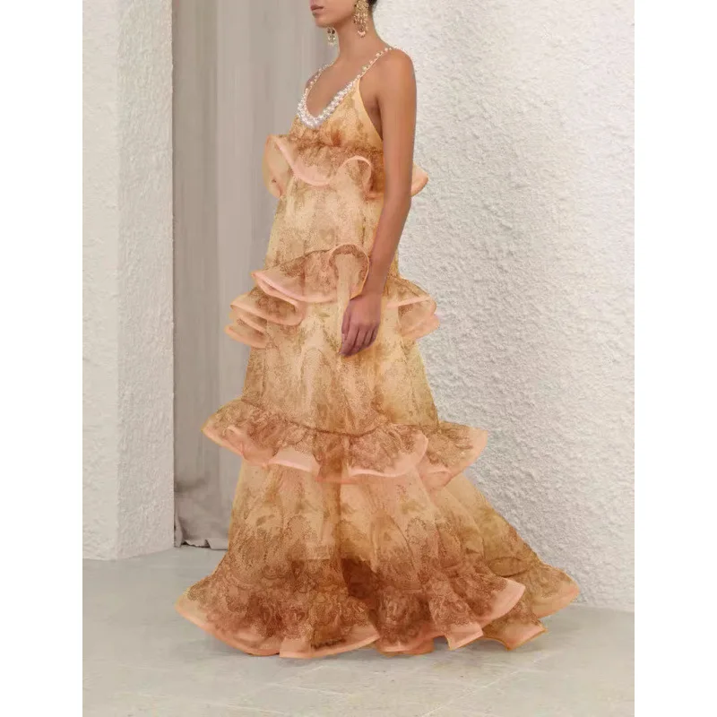

2025 Spring Summer Luxury Pearl Embellished Flowy Chiffon Dress with Flounce Hem