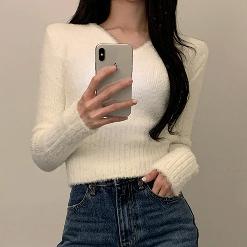 

Women Sweater Long Sleeve Top Knitted Pullover V-Neck Fashion Sweater Woman Winter 2024 Basic Female Clothing Soild OL Sweaters