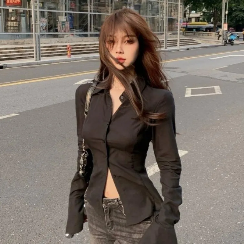 Bandage Shirts Women Autumn Blusas Tunic Flare Long Sleeve Korean Style Hotsweet Sexy Solid All-match Turn Down Collar Casual