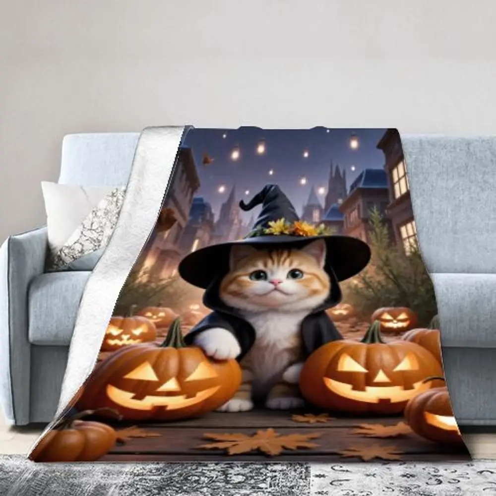 Charmant oranje en wit katje met heksenhoed en Jack-o'-lantaarns - Gezellig Halloween-decor met feestelijke lichtslingers, M