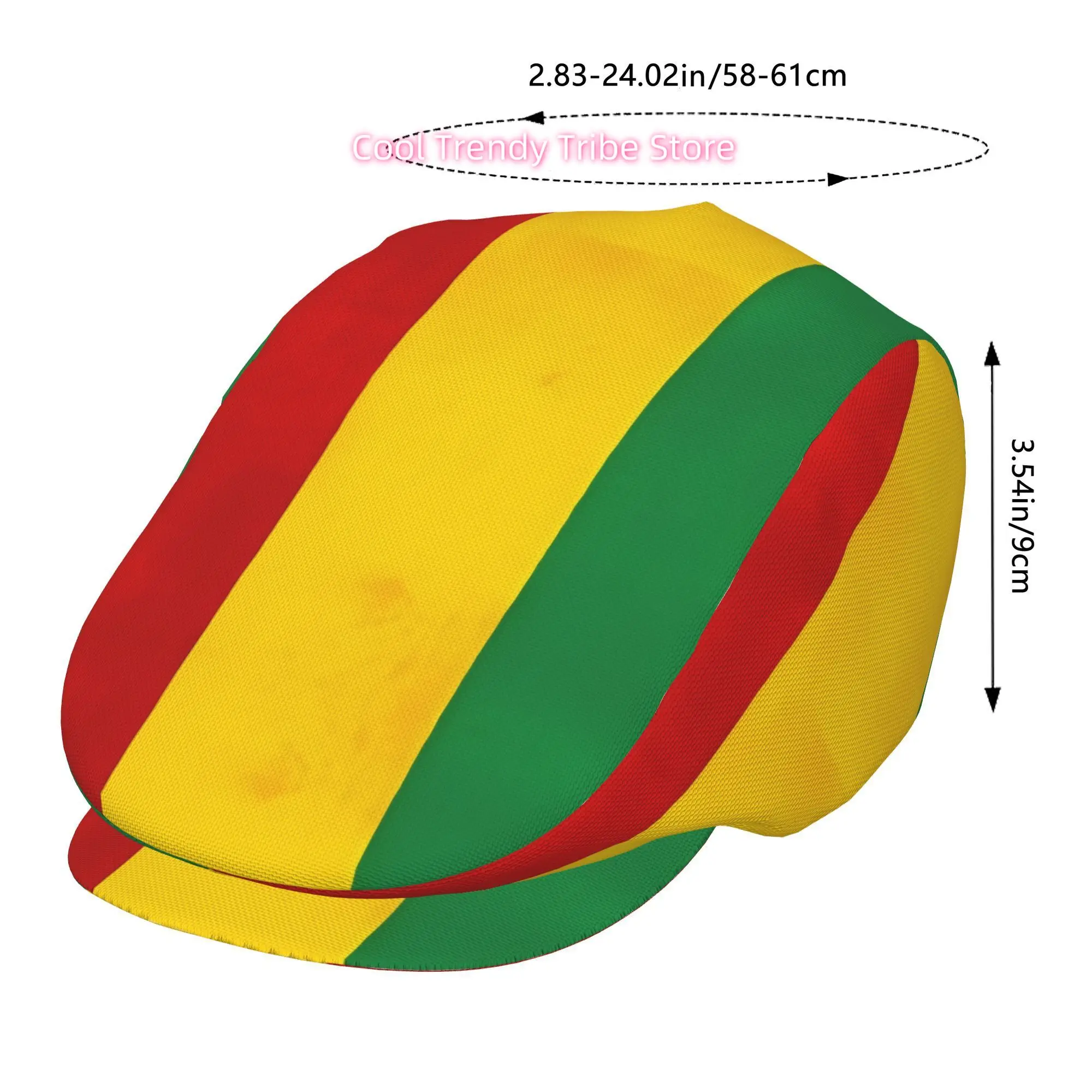 1pc Red/Yellow/Green Striped All-Over Print Beret Cap - Adjustable Flat Ivy Newsboy Irish Cabbie Gatsby Beanie for Men & Women,
