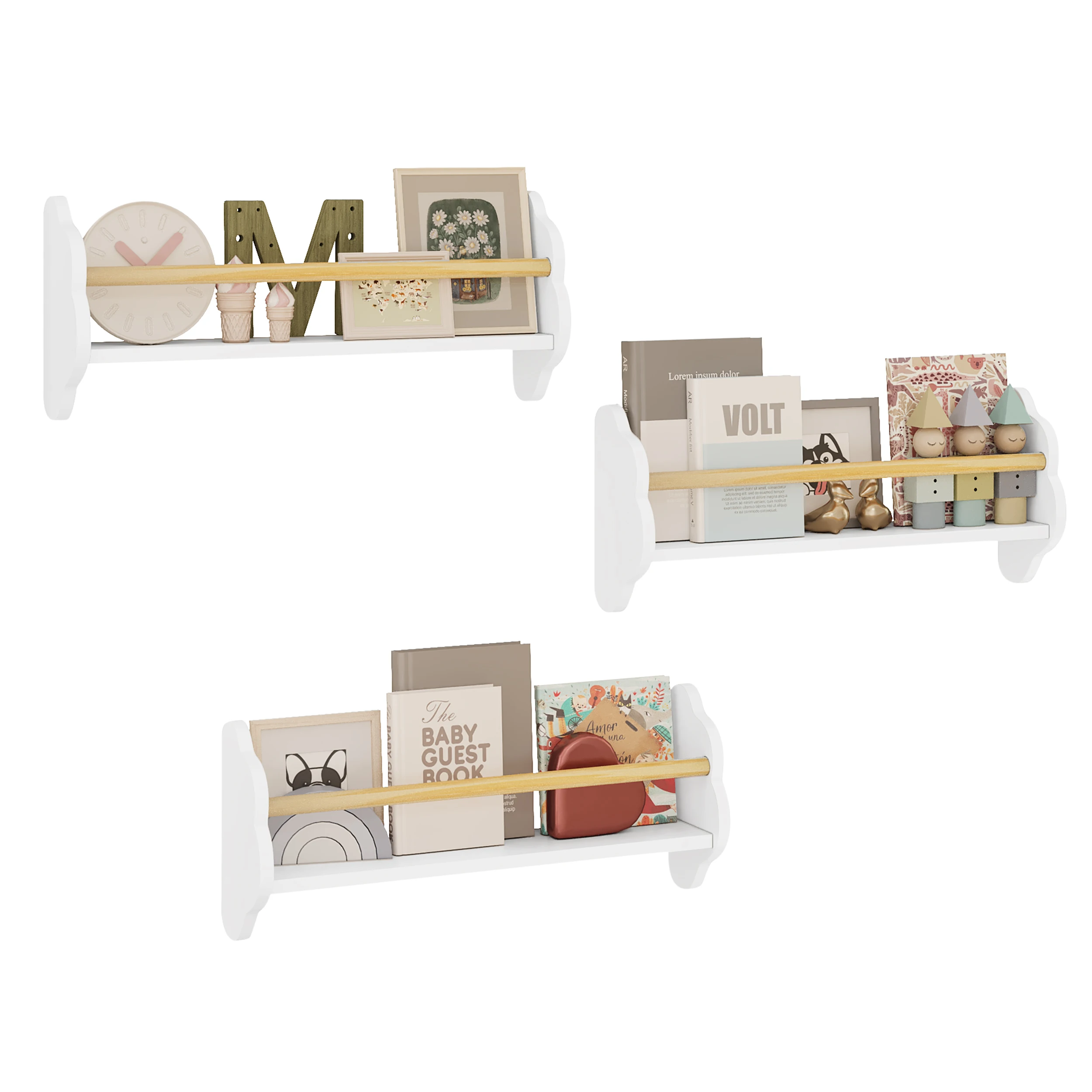 WOLTU 3-teiliges Set, weiße Wandregale für Kinder, Bücherregale, Kinderregal, Buchaufbewahrung für Spielzimmer, Babyzimmer, Organizer, Heimdekoration