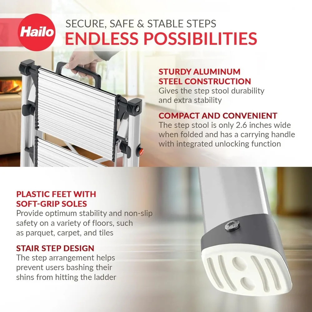 مقعد Hailo MK80 Mini Steel Step Stool - خطوتين كبيرتين مضاد للانزلاق، سعة 330 رطل - زر تحرير أمان، مقبض حمل - سهل Stora #3