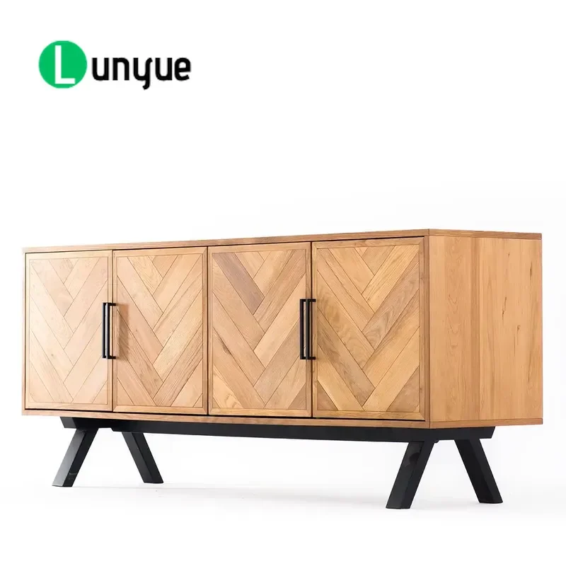 Nordic Retro Recycled Oak Kitchen Cabinet Four Door Herringbone Dining Sideboard Rural Style Storage Furniture for Living