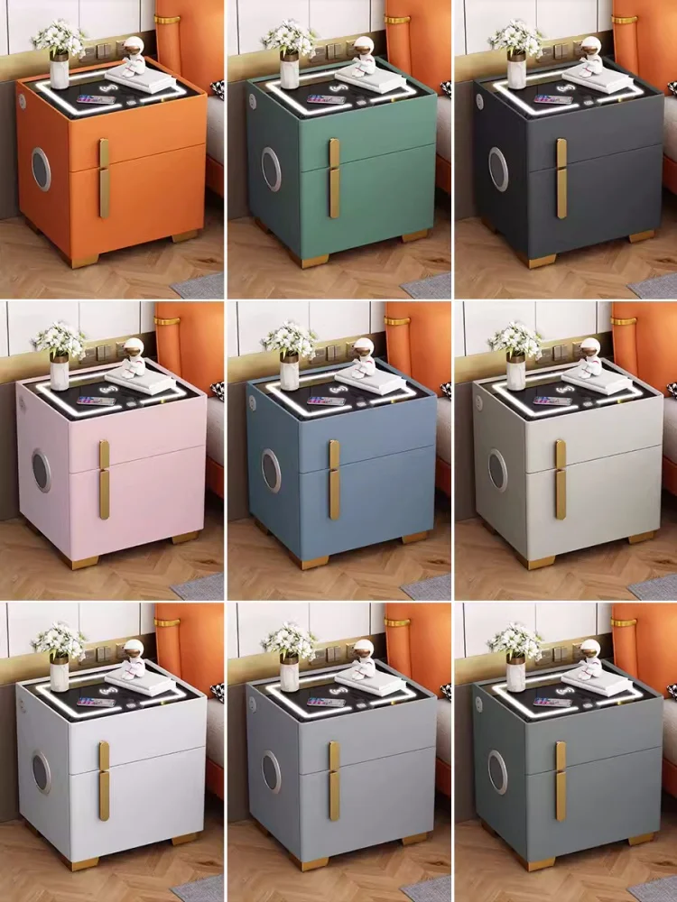 Creative Wooden Bedside Table with Strongbox Smart Bedroom Nightstand with Wireless Charging USB Home Storage Cabinet