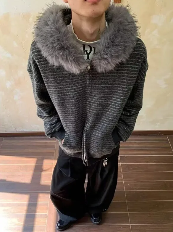 

Retro American Striped Hooded Jaet Men's Cotton Coat with Fur CollarCouple's Winter Coat CleanFit Sle Regular Sve Long