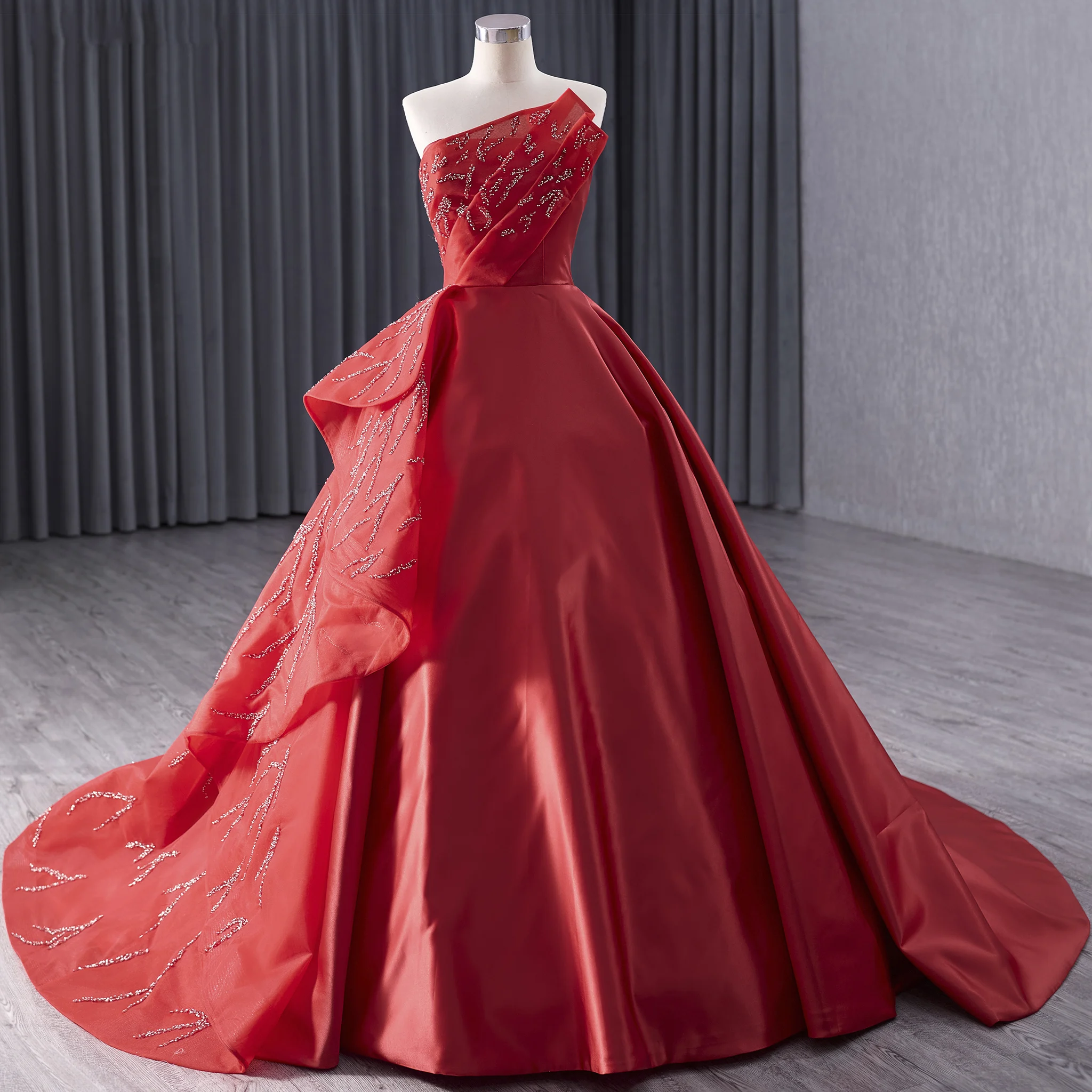 

Rosymae High-End Red Prom Dress Asymmetrical Neck Beading Formal Gown Ball Gown Silhouette Ruffles for Weddings Formal Occasions