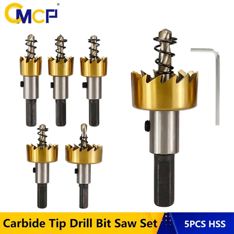 CMCP 5pcs HSS Carbide Tip Drill Bit Saw Set 16/18.5/20/25/30mm Metal Wood Hole Cutter For Installing Locks Drilling Hole