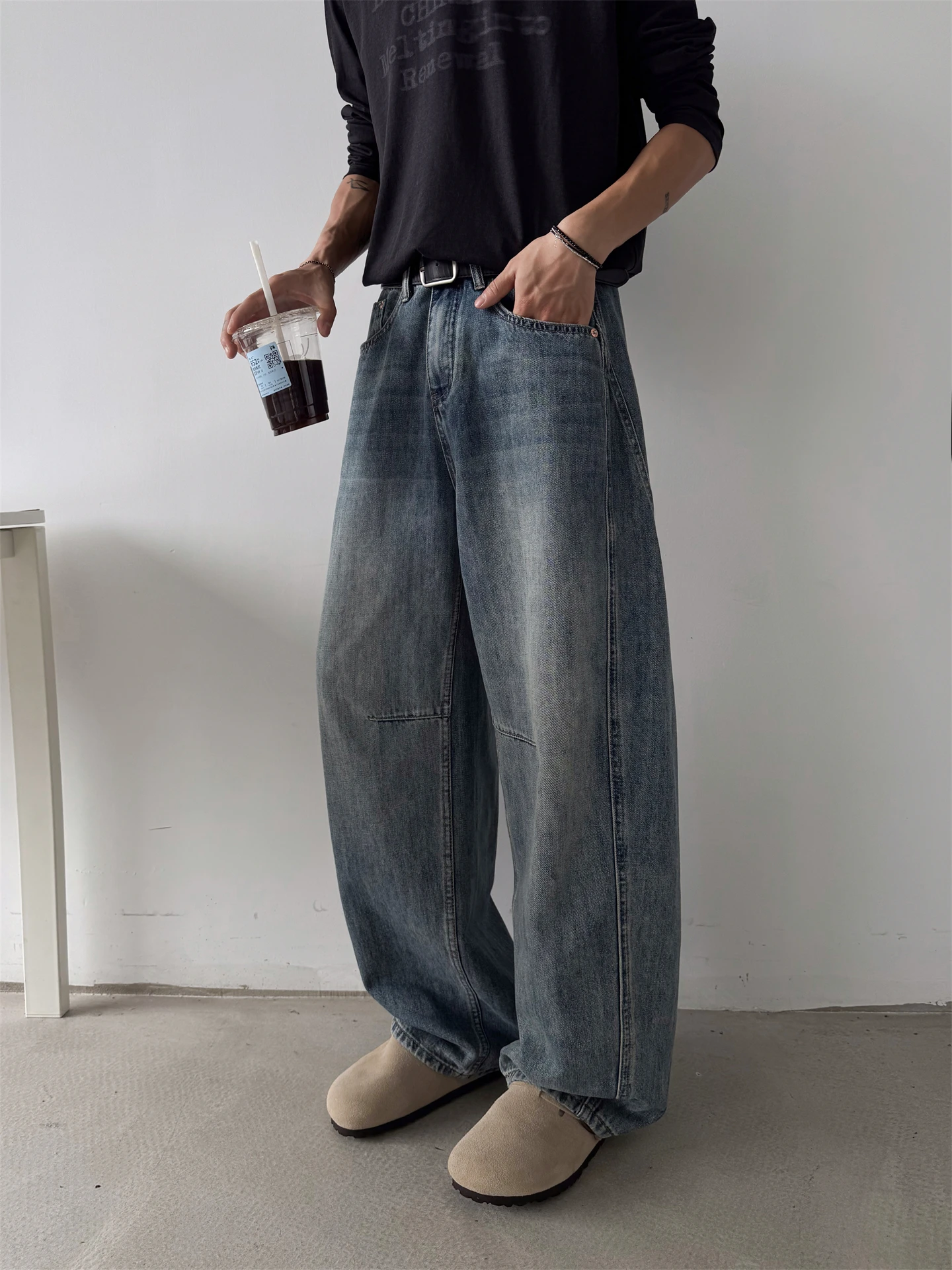 FYRP الأمريكية الرجعية واسعة الساق سكين الجينز الرجال المرأة عادية فضفاض مستقيم القطن الدنيم السراويل ربيع الخريف Faion