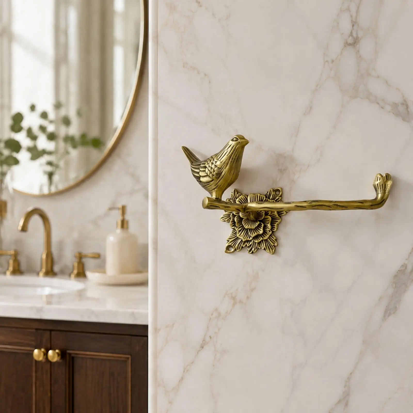 Washroom Hardware Vintage Toilet Paper Holder with Bird and Flower Design Compact for Vanity Area, Powder Room