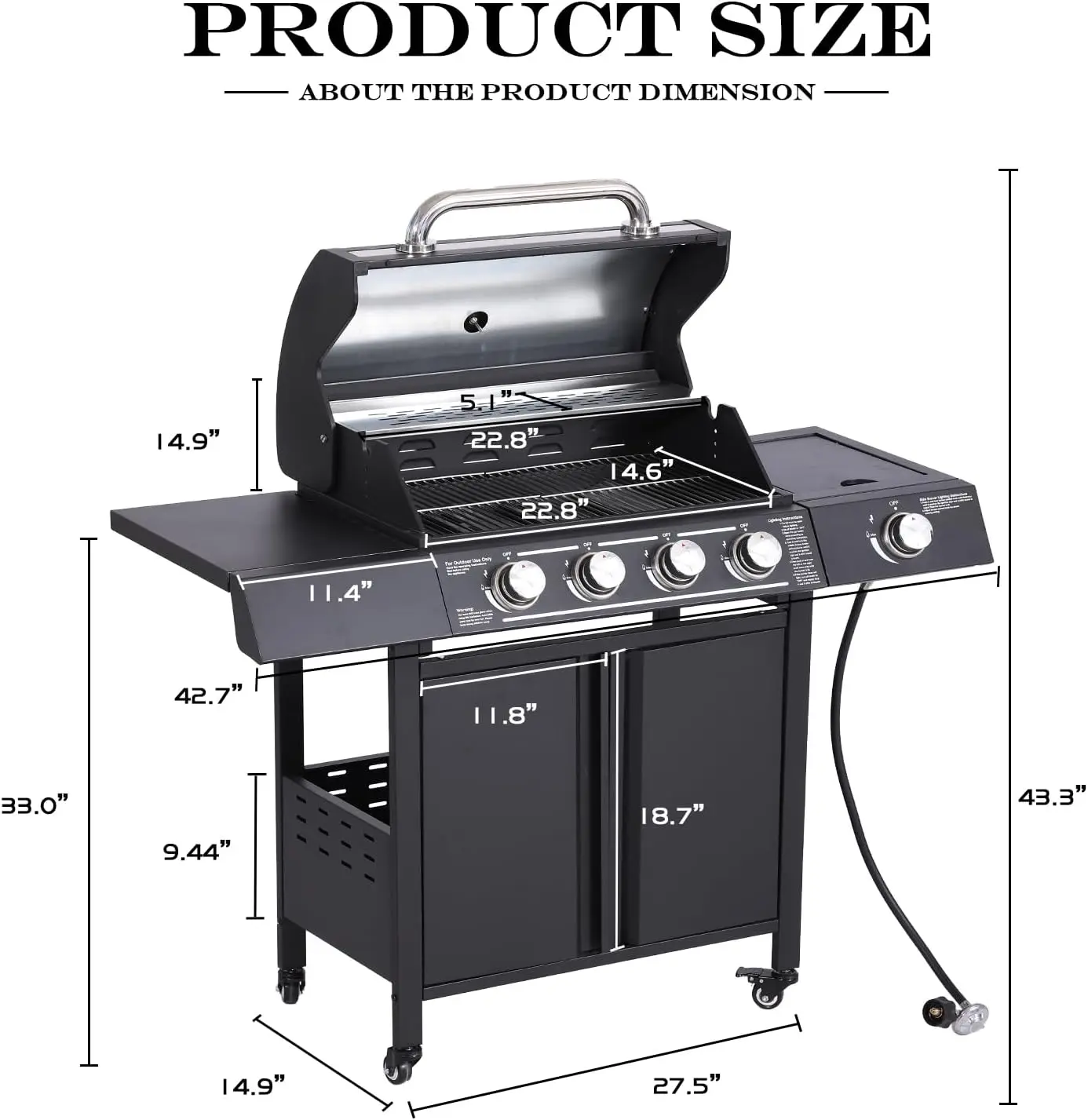 4-Burner Propane Gas BBQ Grills with Side Burner, Cast Iron 50,000 BTU Patio Barbecue Grill with Stainless Steel Grates