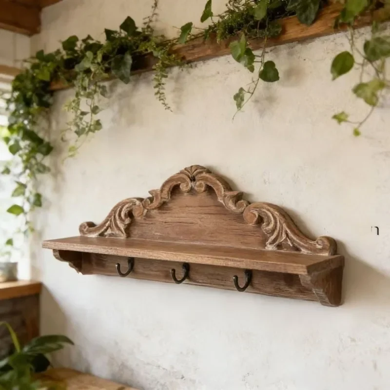 Solid Wood Hanger Vintage Carved Bag Clothes Hanger With Metal Hooks Clothes Organizer Floating Storage Coat Racks Home Decor