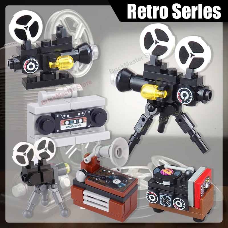 

MOC City винтажные ретро строительные блоки кинопроектор проигрыватель пластинок магнитофон звук DIY дисплей модель кирпичи игрушки подарки