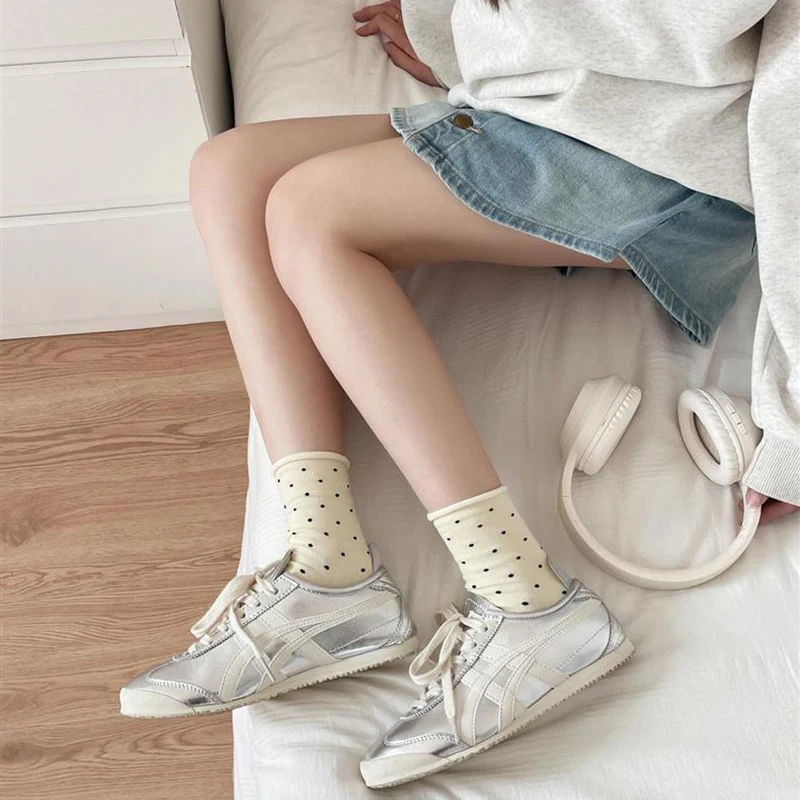 5/10 Paar Damen-Socken mit gerolltem Rand, gepunktet, mittlere Röhre, Frühling und Sommer, schweißabsorbierend, atmungsaktiv, süß, einfacher Stil, lässige Socken – Detail 13