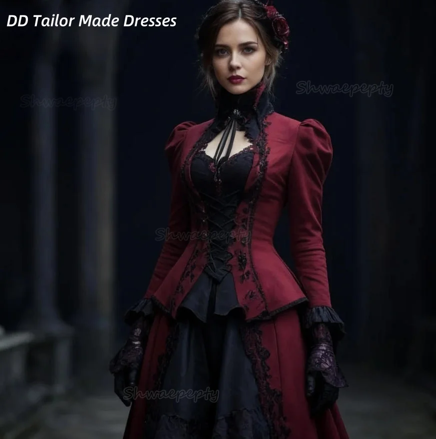 Gaun Prom Victoria Vintage Dua Potong Lengan Panjang Rok Asimetris Burgundy Hitam Kostum Wanita Gotik Dapat Disesuaikan