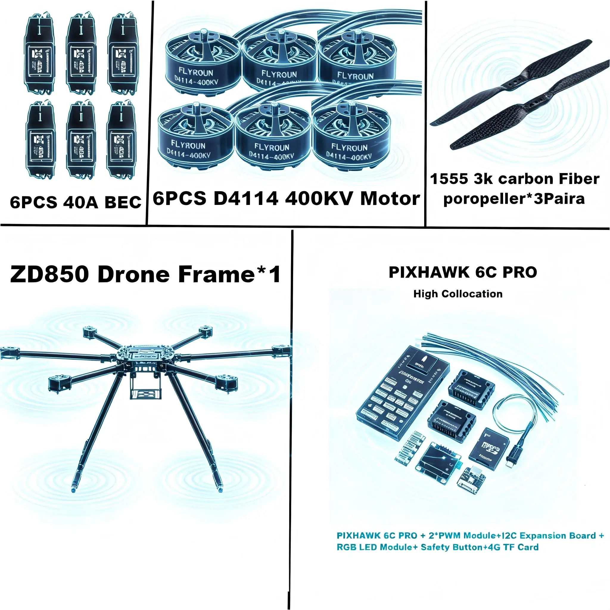 ZD850 6C PRO M8N M9N M10 Full Carbon Fiber 850mm Hexa-Rotor Frame BLHELI 40A ESC Flight Comtrol Rado Telemetry Set