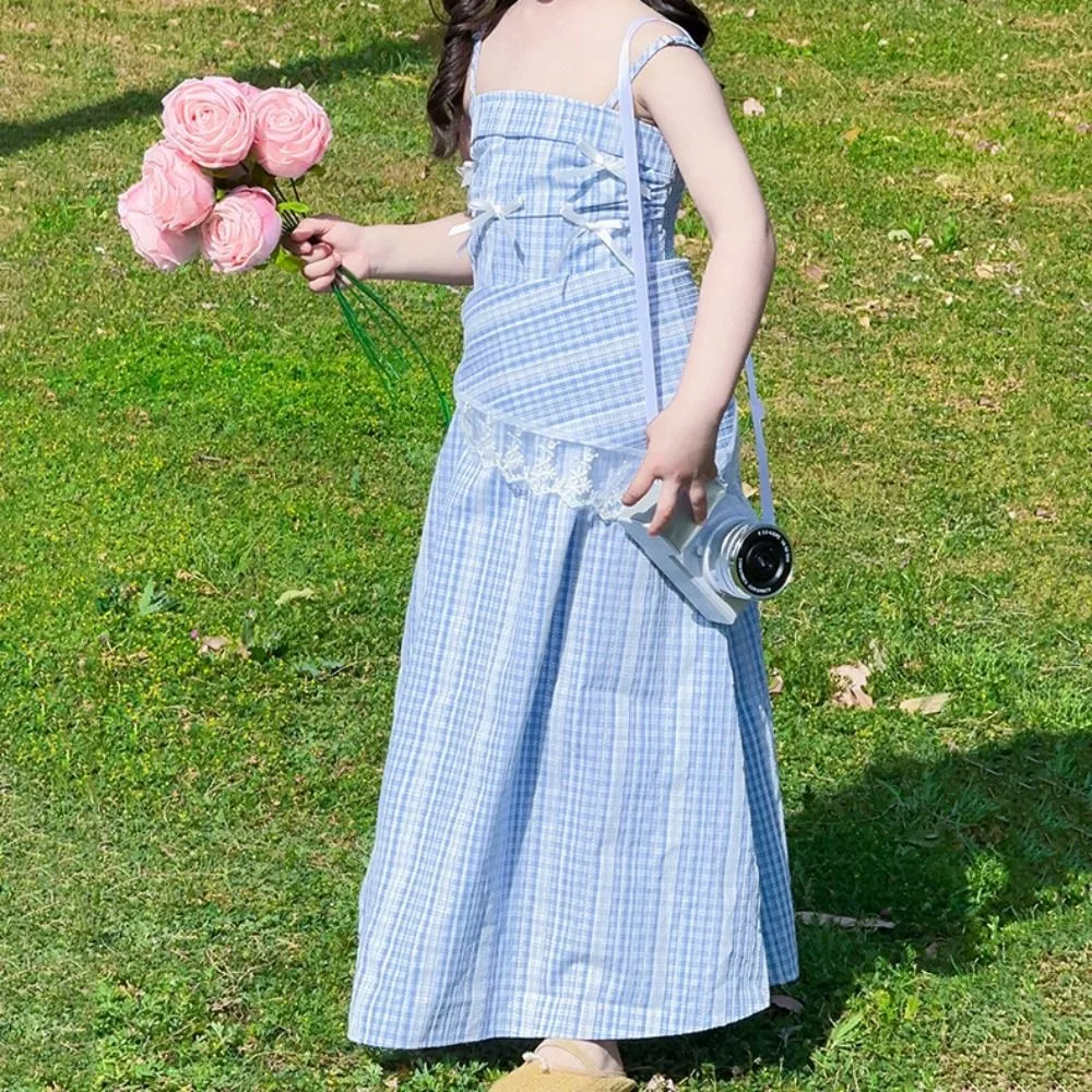 

Elegant Loose Girls Princess Grid Dress Teenagers Beach Vacation Summer Dresses Sweet Party Children Sling Dress Students