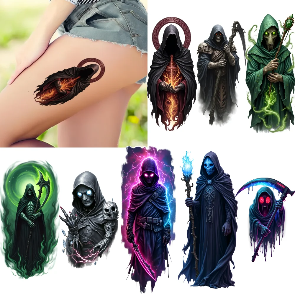 

3pcs Temporary Tattoo Dagger Colorful Realism Dark Robe Staff Waterproof Long-lasting Body Stickers Skull For Women Arms