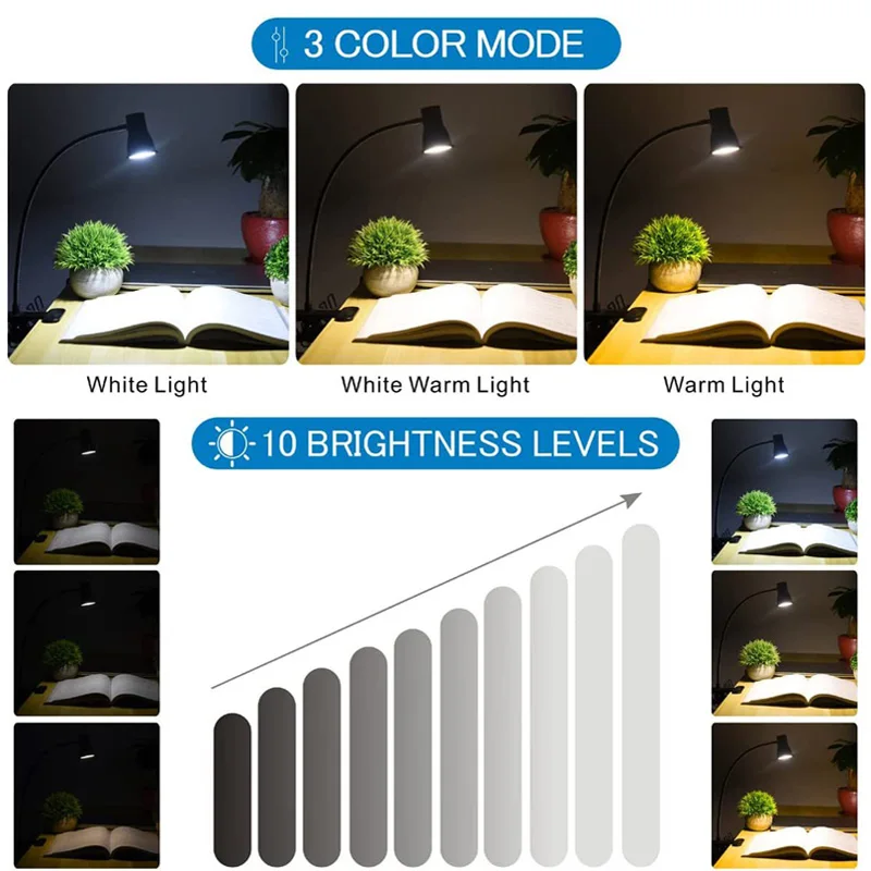Horn Models Clip Desk Lamp LED Reading USB Student Eye Protection Desktop 360 ° Turn 3 Hue Lights 10 Brightness 7W Suitable for