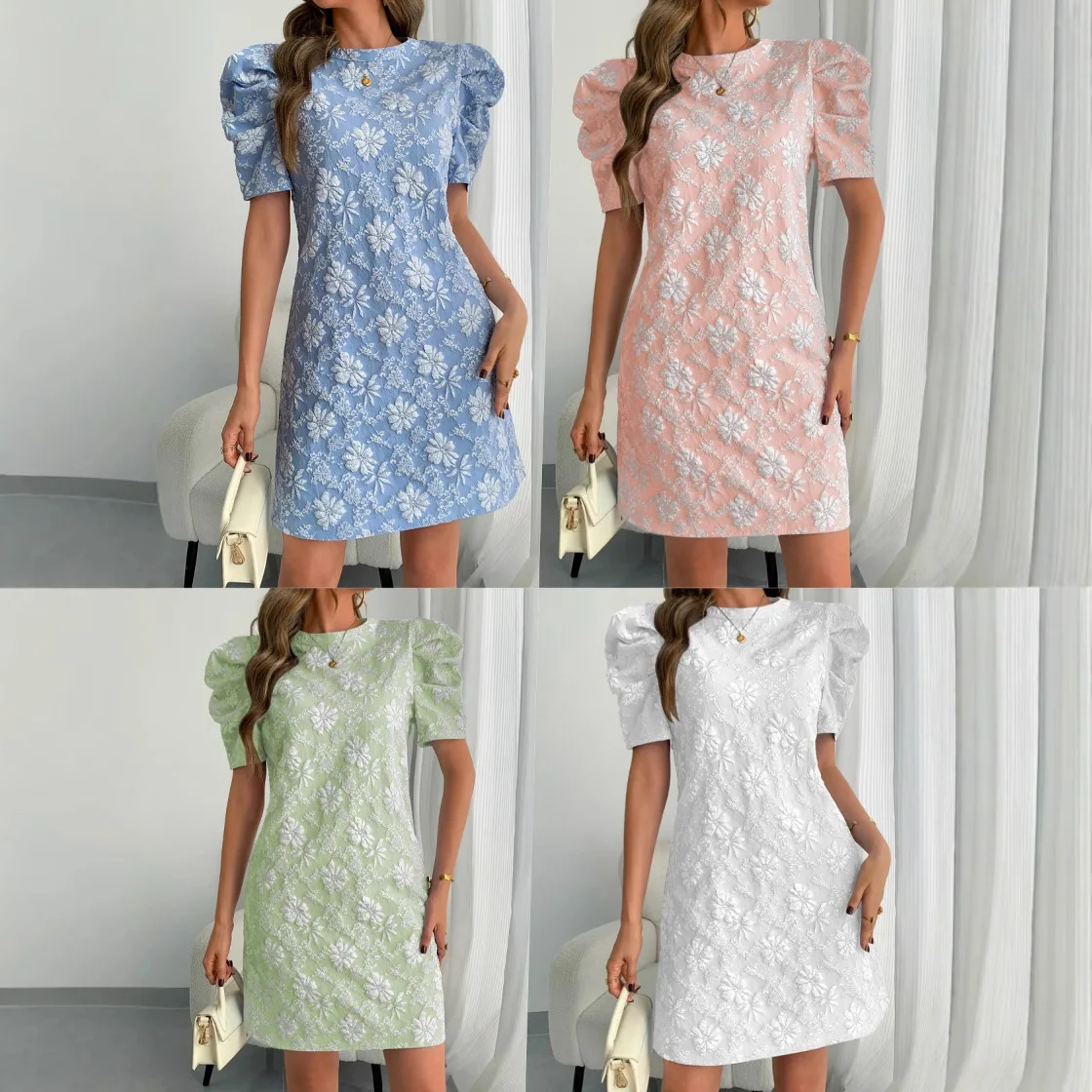 

2025 Dress Women Elegant Fashion Beautiful Women's Dresses Summer New Women's Puff Sleeve Textured Round Neck Retro Style Dress