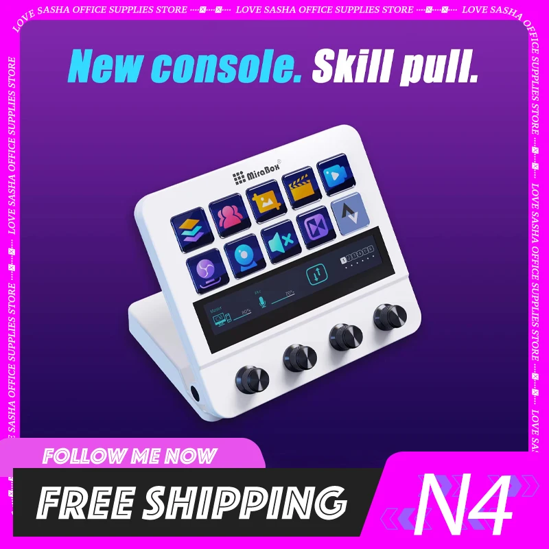 MBox N4 Stream Deck 10-Key Visual Macro Keyboard Adjustable Stand Touch Strip Quad-Dial Interface Dual USB-C & USB-A Hub