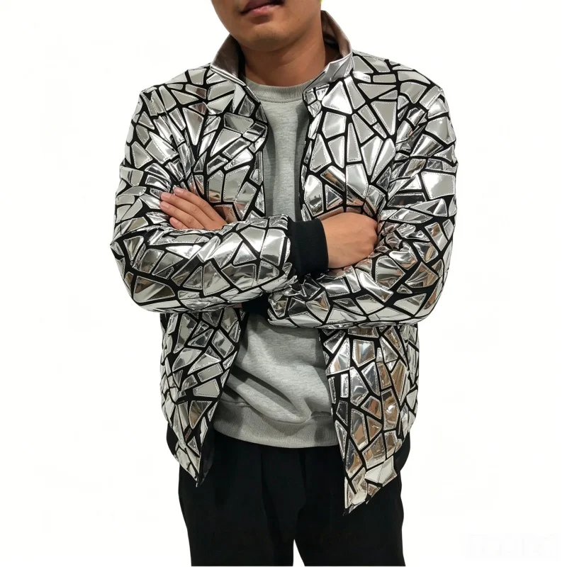 

Men's Silver Mirror Long Sleeve Jacket Casual Sequin Coat Party Celebration Stage Performance Male Singer Star Fashion Costume