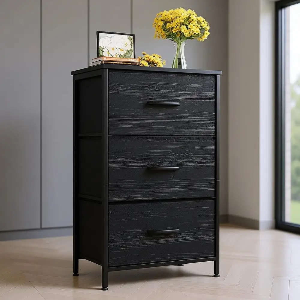 

Compact 3-Drawer Chest for Bedroom or Living Room Storage in Charcoal Black
