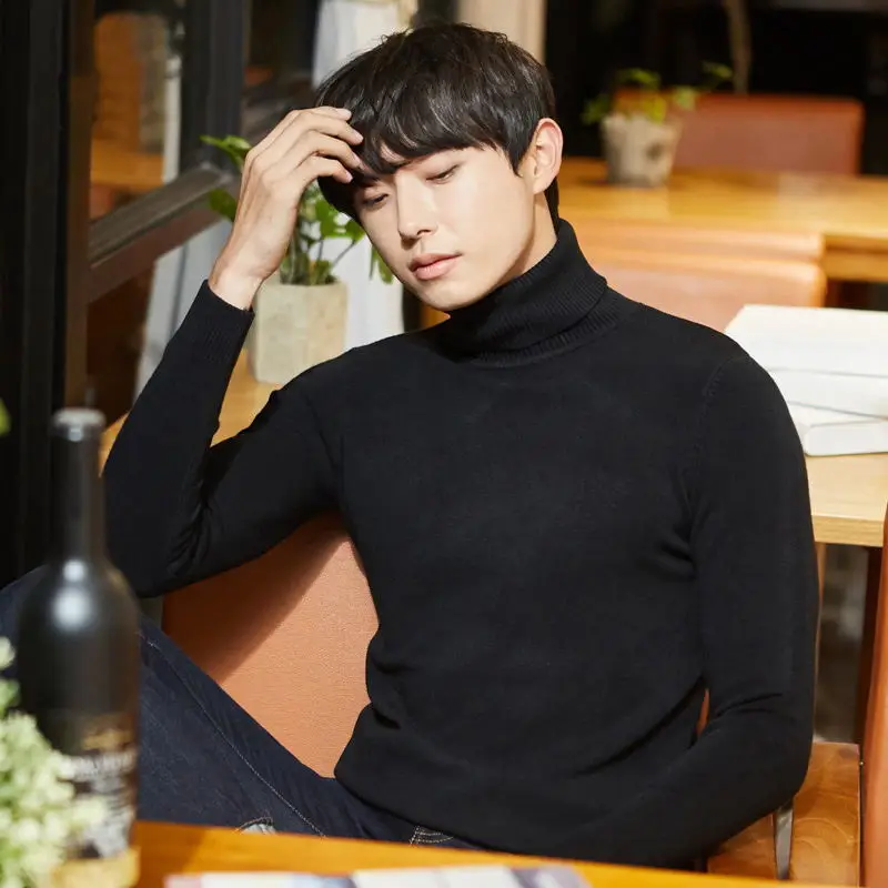 Men's High Collar Sweater 2024 Autumn Winter New Sle Fce Warm Bla Base irt for Work Flip Collar Slim Fit Long Sve