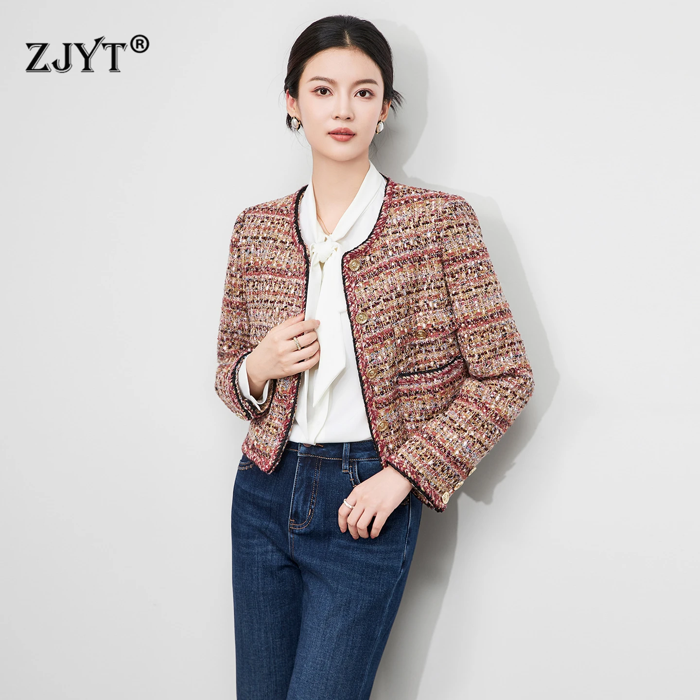 

ZJYT Fashion Women's Tweed Woolen Jackets and Coats Autumn Winter Designer Long Sleeve O Neck Vintage Outerwears Femme Veste