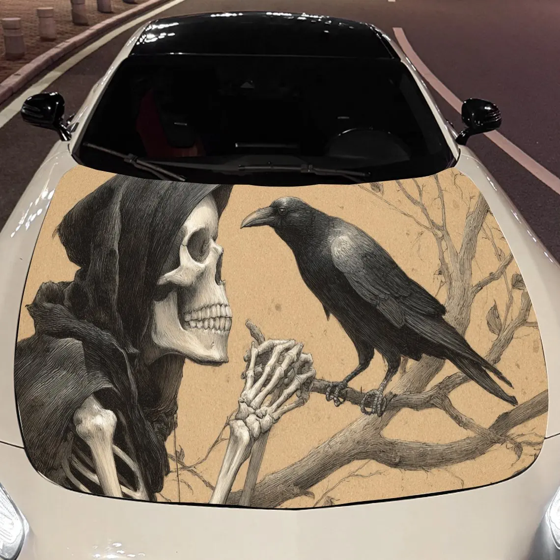 

Скелет Ворона с принтом, наклейки на капот автомобиля, водонепроницаемая самоклеящаяся наклейка на капот автомобиля из ПВХ, защитные наклейки для украшения капота автомобиля, авто