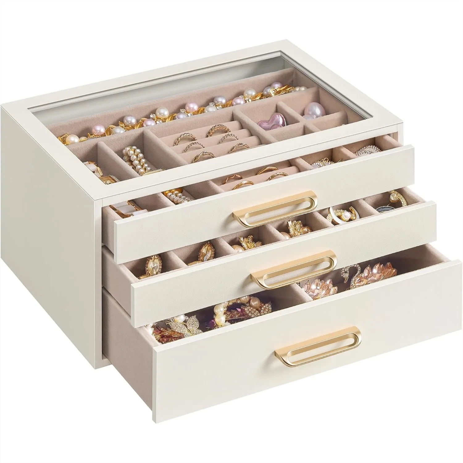 3-Layer Jewelry Box with Glass Window and Drawers for Rings Earrings Bracelets Storage Organizer Cream White