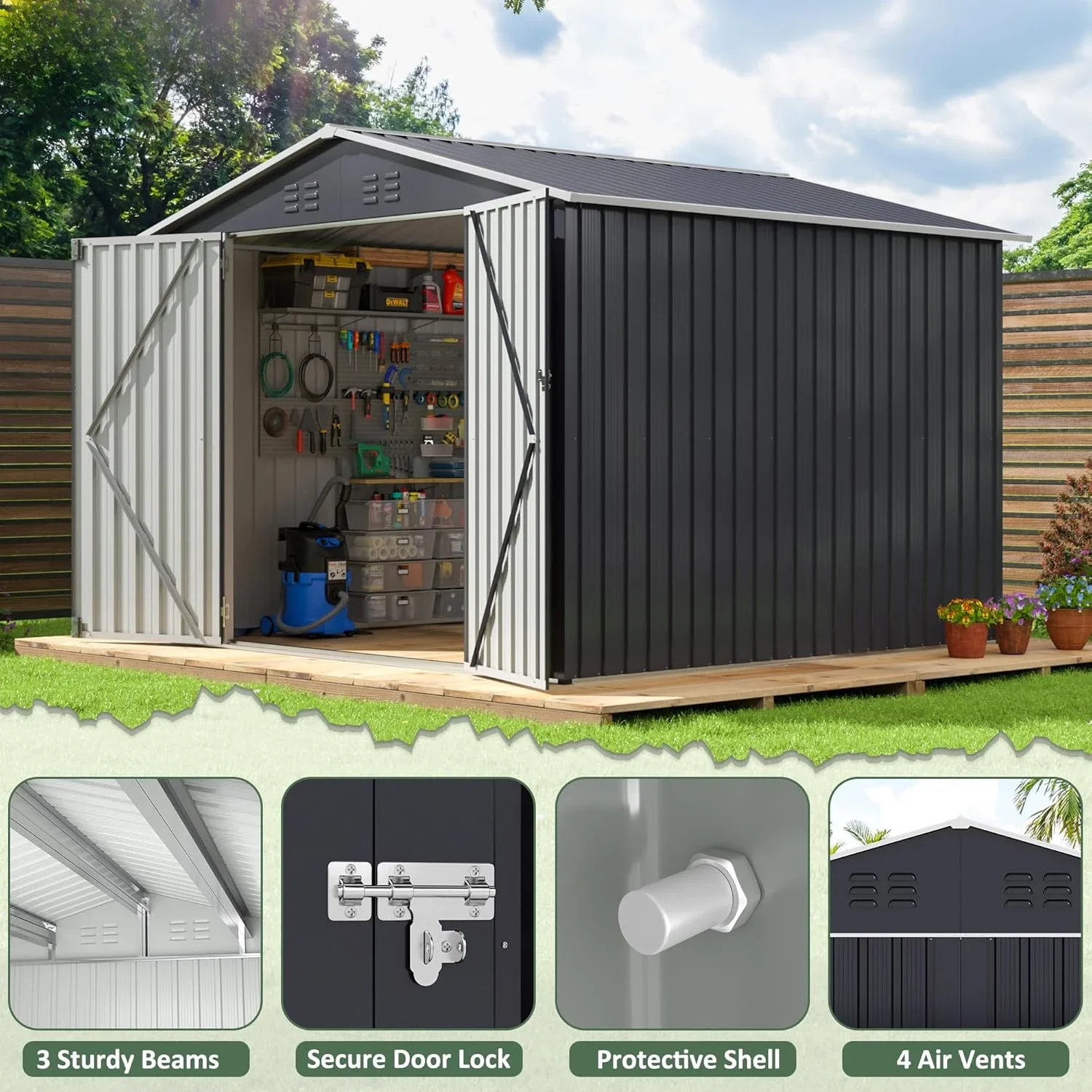 8x8 FT Outdoor Storage Shed, Utility Metal Tool Storage with Lockable Doors and Updated Frame Structure,Black