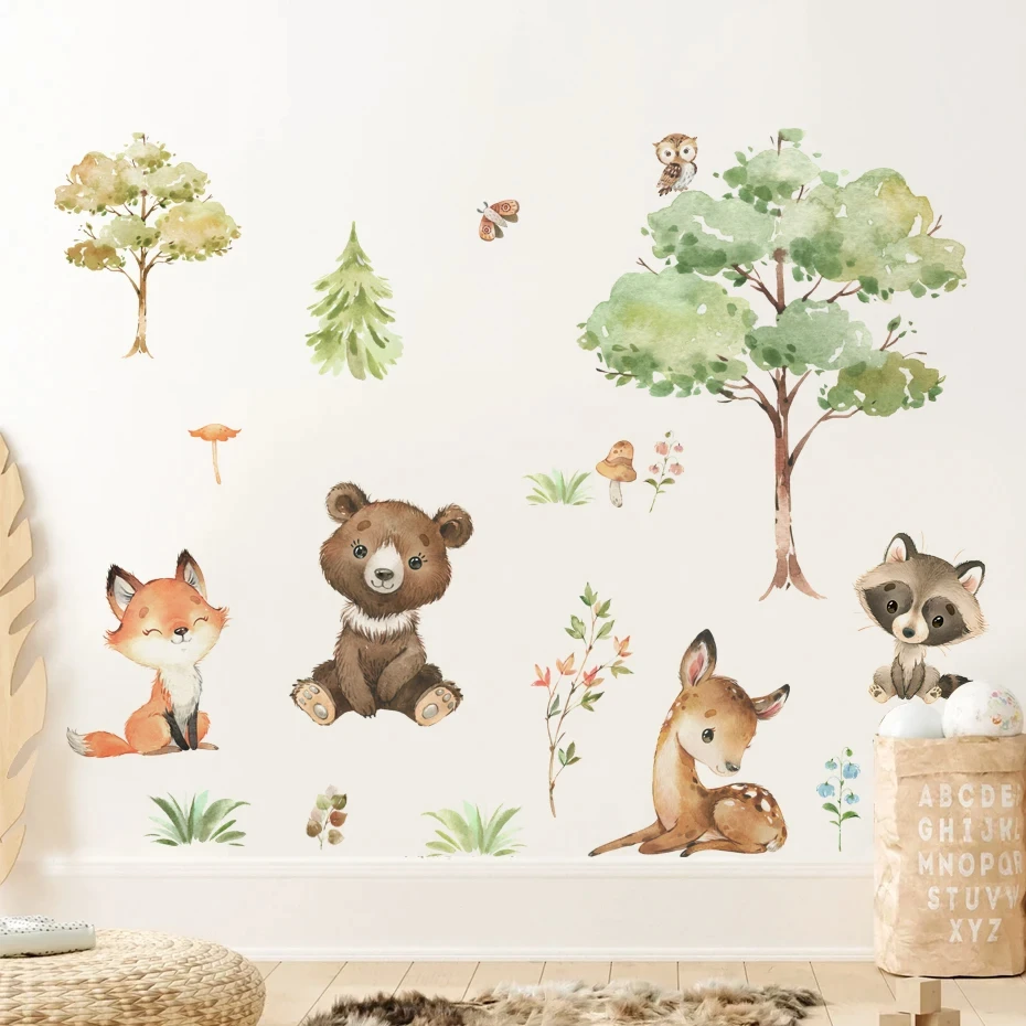 Watercolor Woodland Animals Cartoon Bear Deer Tree Wall Stickers for Nursery Kids Rooms Boys Baby Room Decoration Home Decor