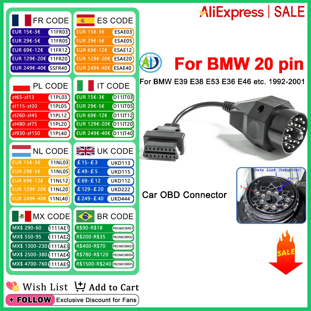 

20pin OBD Cable For BMW E36 E46 E38 E39 E53 20pin Male to 16pin OBD2 Female OBD2 Car Diagnostic Connector Cable OBDII Adapter