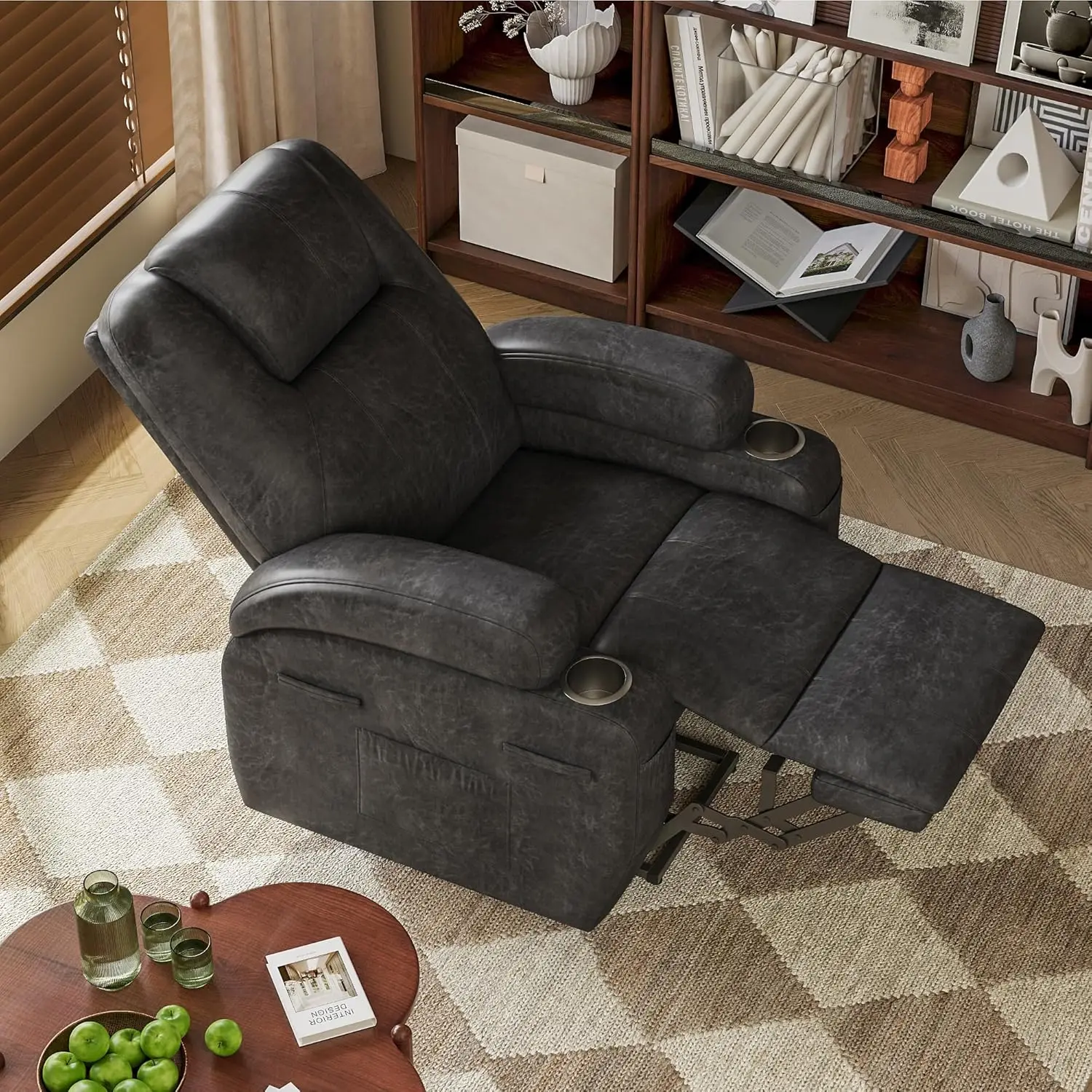 Electric Lift Recliner Chair with Massage, Corduroy, Remote Control, Cup Holders, Side Pockets - Dark Gray