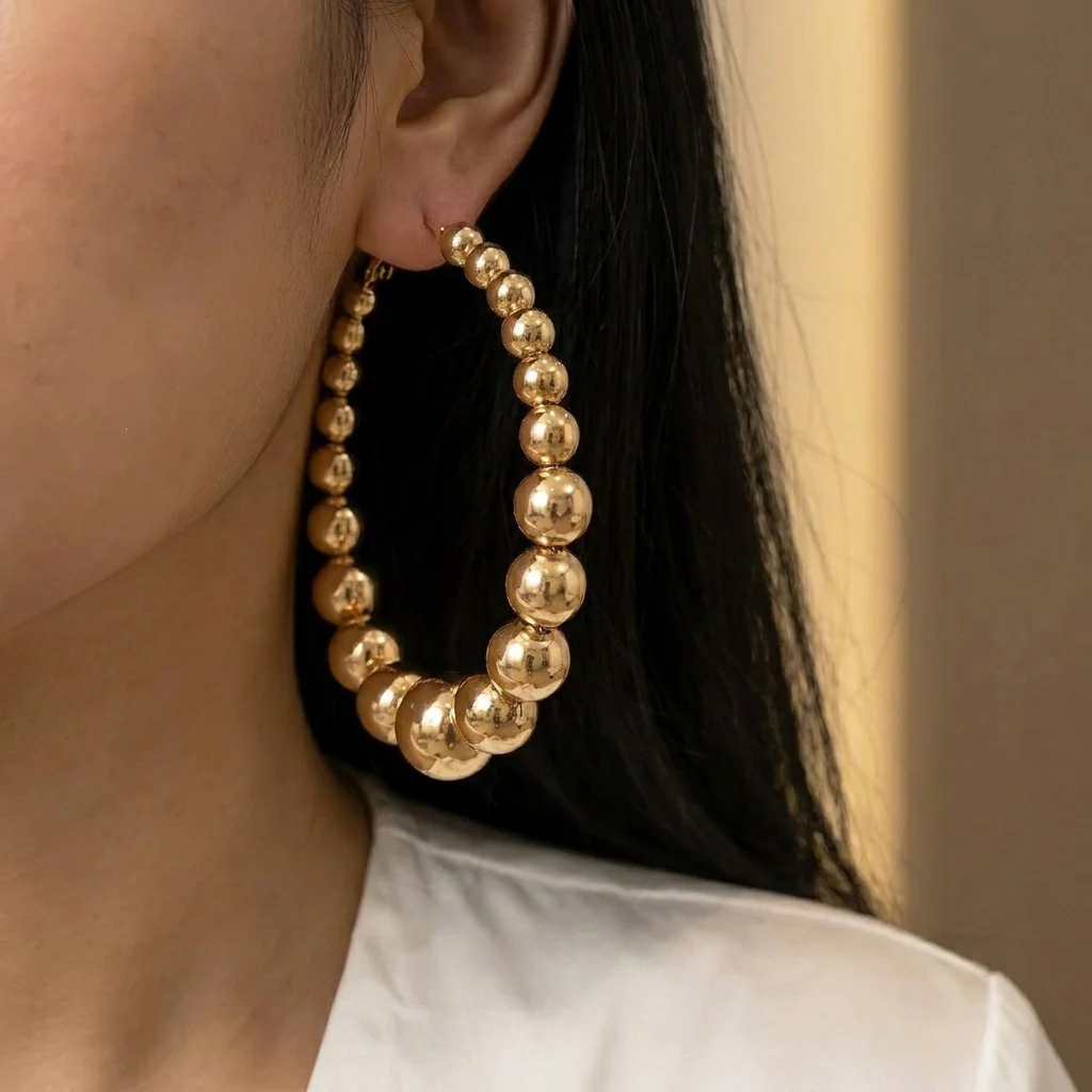 BLIJERY Vintage Style Exaggerated Metal Beaded Hoop Earrings for Women Unique Personality Fashion High-End Sensation Ear Jewelry