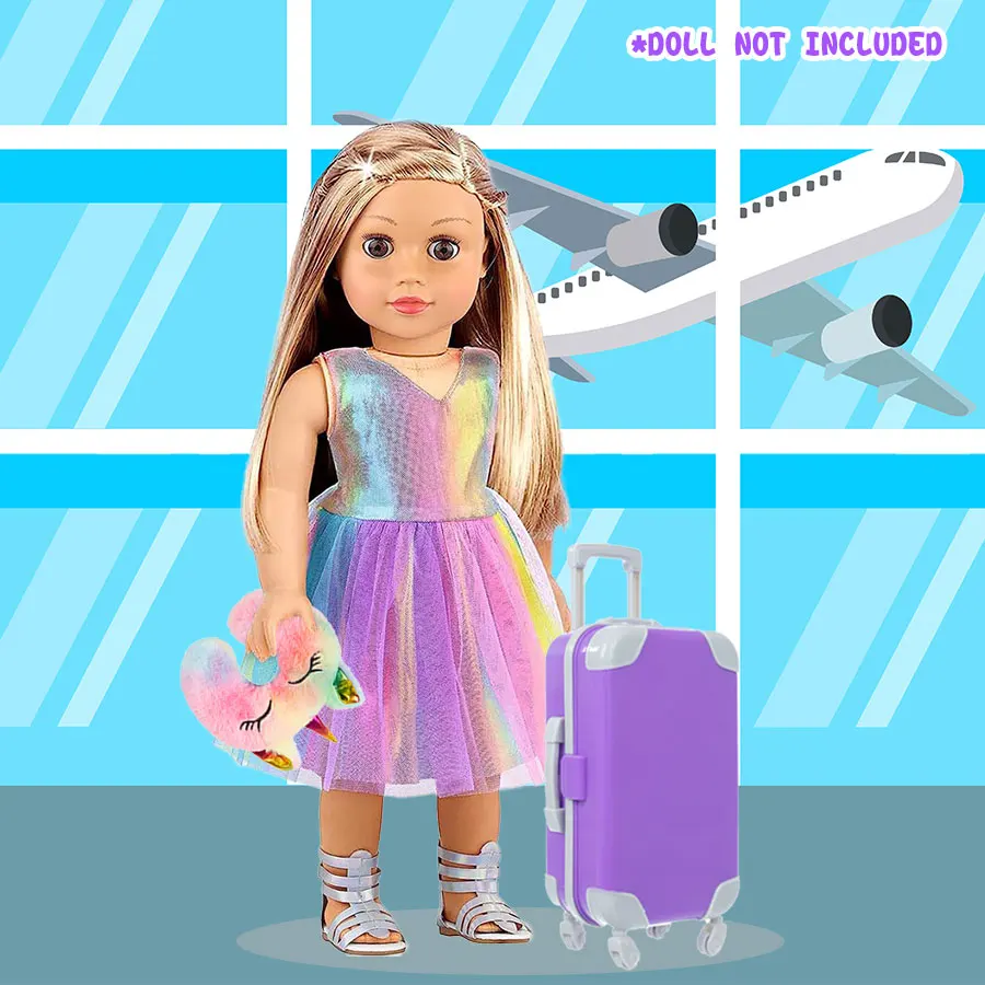 18inch Doll Clothes and Accessories Doll Suitcase Travel Set Include Pillow Unicorn Bag Camera Computer Phone Passport Kids Gift