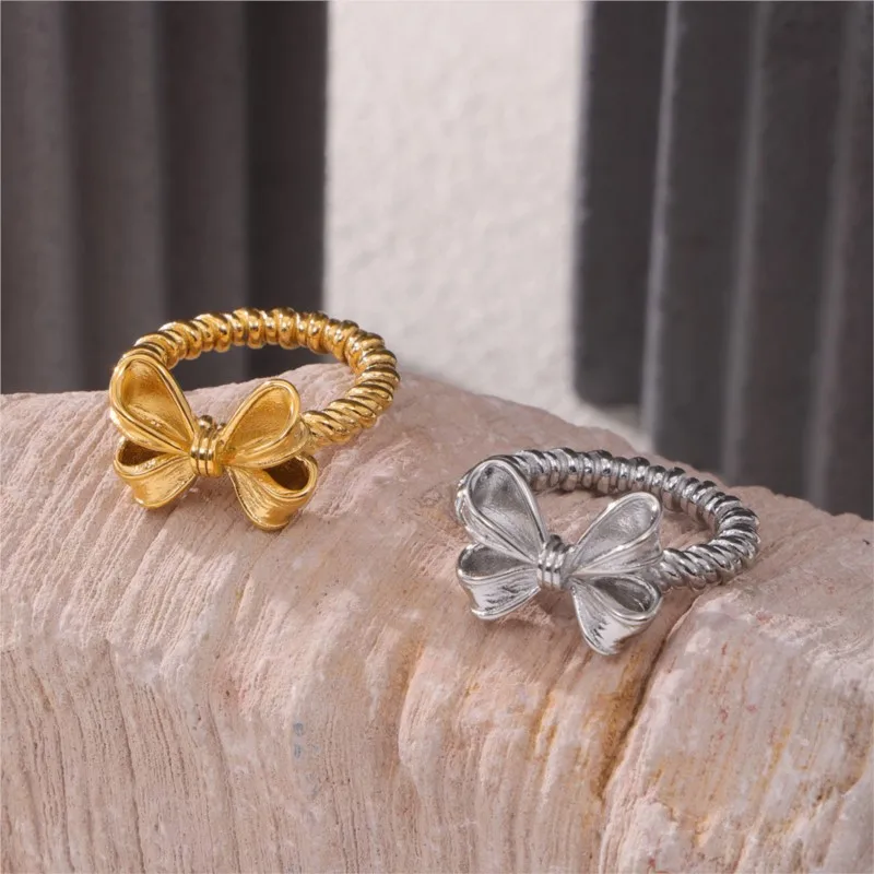 Stainless Steel Bowknot Rings For Women Gold Silver Color Waterproof Women\'s Twisted Ring Cute Girls Ring Luxury Woman Jewelry