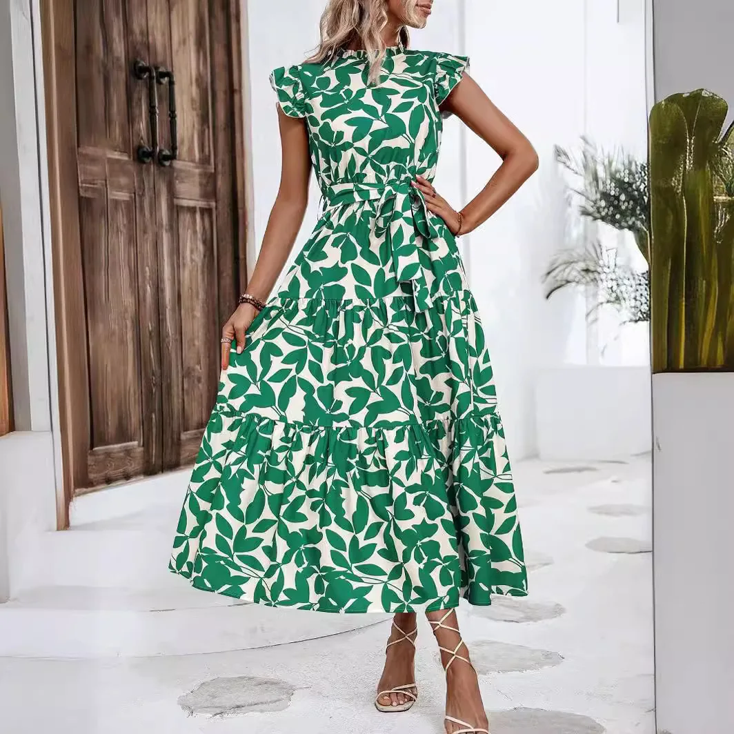 

2026 Women's Summer New Fashion Ruffle Trim Flutter Sleeve Tie-waist Printed Fairy Dress