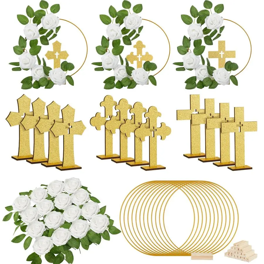 

48 Pcs Baptism Centerpiece First Communion Table Decoration 12 Wood Cross 12 Floral Hoop with Stand 24 Foam Rose with Stem for B