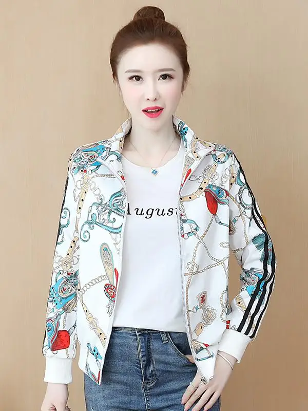 2025 nuevo temperamento de moda mujeres blanco Harajuku Floral Stand Collar chaqueta de béisbol primavera chica abrigo corto