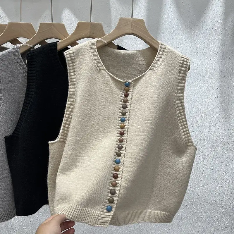 

Round Neck Color Button Knitted Vest for Women Layered Autumn Versatile Loose Sleeveless Niche Sweater Vest