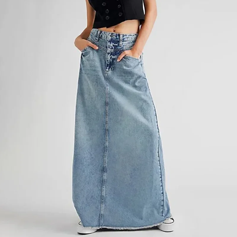 

Women Skirts Denim Sexy Wrap Buttocks Dress High Waist Solid Vestidos Casual Patchwork Pockets Ankle Length Washing Slim