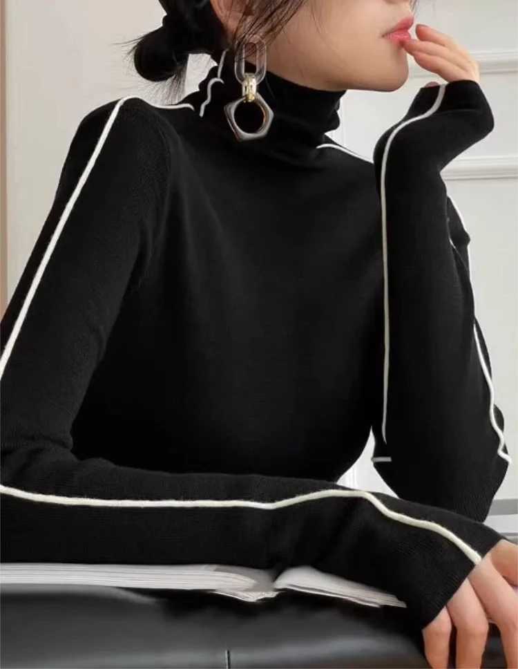 

Fashion High Neck T-shirt Women Autumn Winter Trendy Color Blocking Slim Fit Tops Female Base Simplicity Long Sleeved Tops