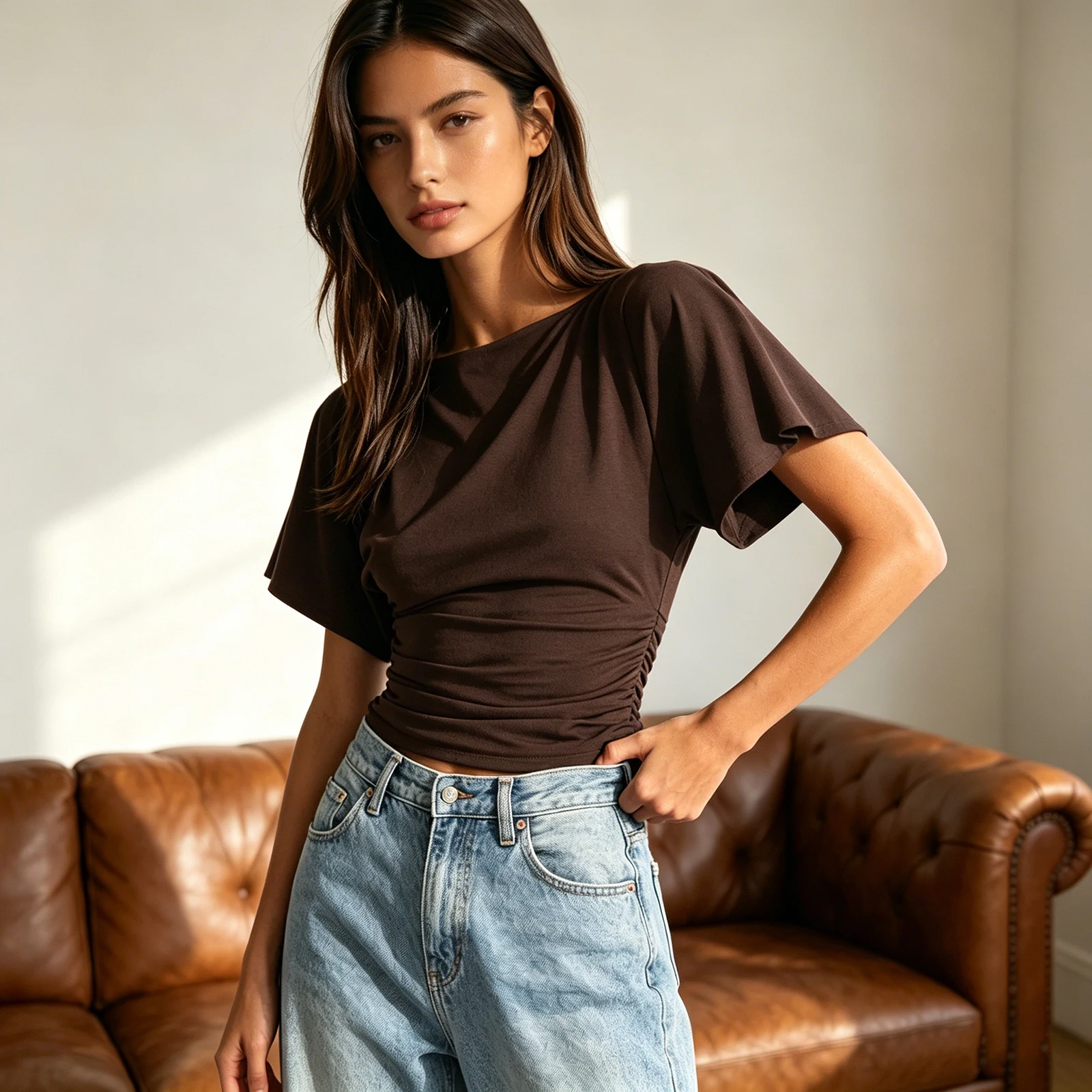 2026 Fashion Women's Cinched Waist Summer T-shirts Sexy Ladies Solid Color Short Sleeve Boat Neck Casual Going Out Tops
