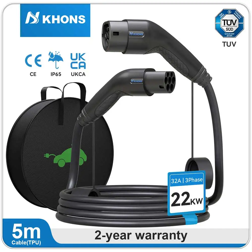 Khons Type2 à Type2 Ev câble de charge 3 phases 32A prise femelle à mâle 5M câble 22kw IEC62196-2 EVES Stations de charge