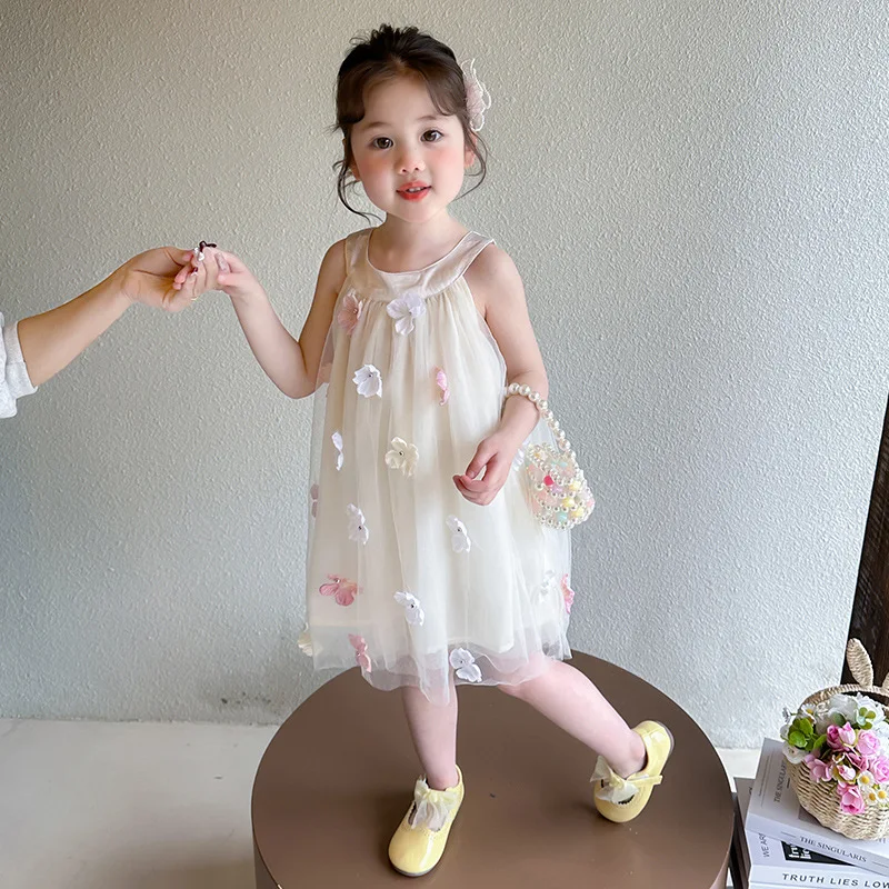 Girls Dress 2025 Summer Beach Girls Suspender Princess Dress Children's Foreign Mesh Sweet Flower Skirt