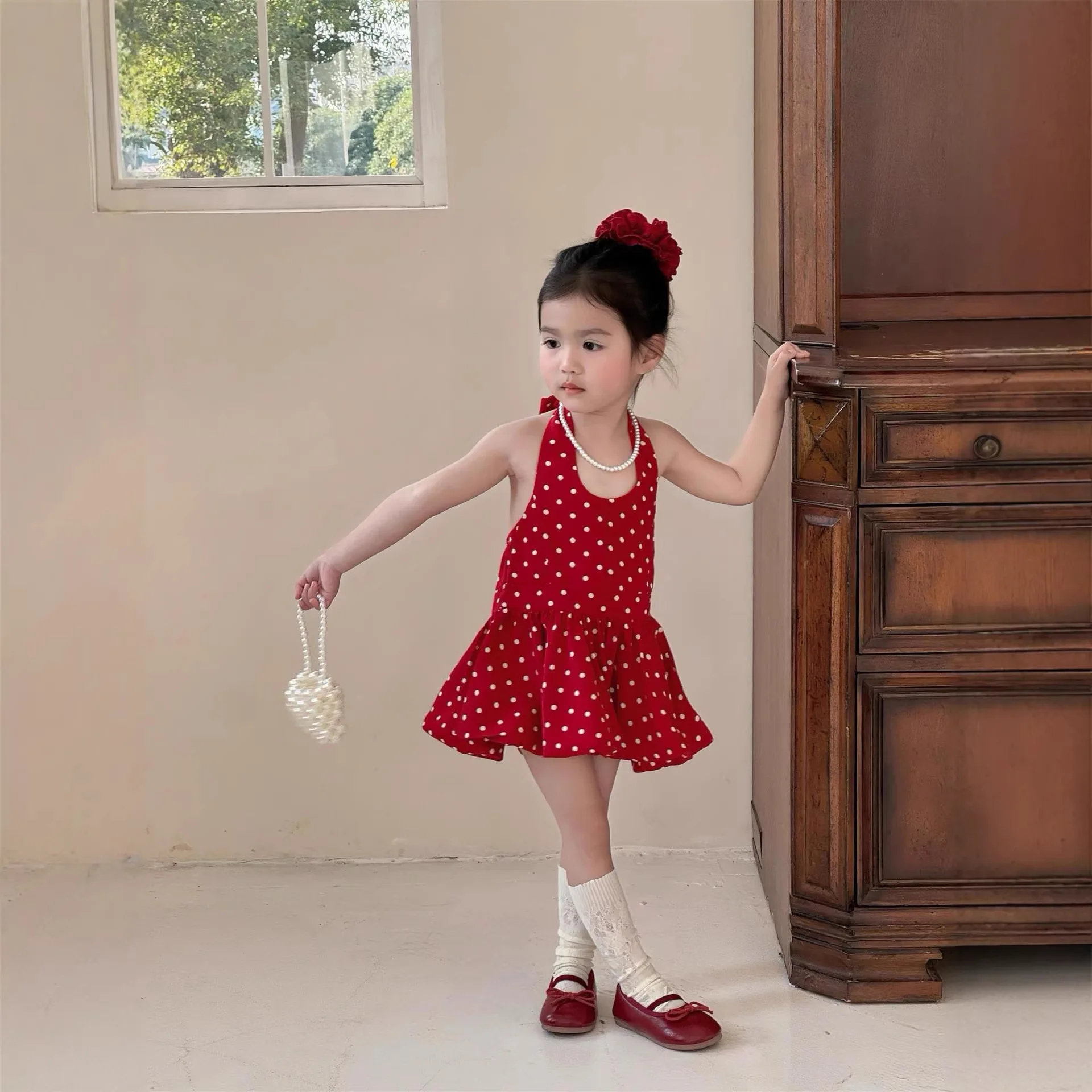 

Girls Dress Spring Summer New Korean Version Sweet Polka Dot Hanging Neck Backless Sleeveless Floral Bud Suspender Skirt