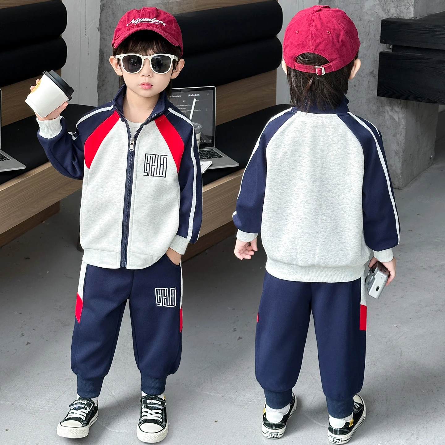 

Boys Spring Autumn Stitched Color Blo Baseball Jaet And Pants Two Piece Set Kids Casual Sportswear Long Sve Long Pants